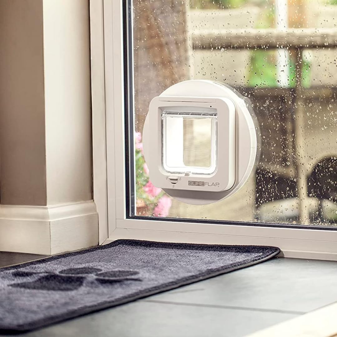 Sure Petcare SureFlap Microchip Cat Flap, RFID Collar Tags and Microchip Compatible, One-Button Control, Install in Doors, Windows and Walls, White, 4 x AA Batteries Required, Not Included