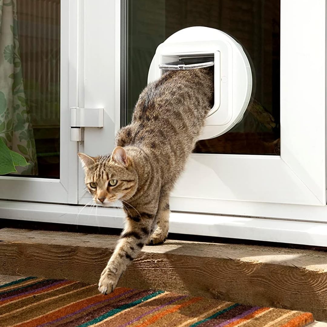 Sure Petcare SureFlap Microchip Cat Flap, RFID Collar Tags and Microchip Compatible, One-Button Control, Install in Doors, Windows and Walls, White, 4 x AA Batteries Required, Not Included